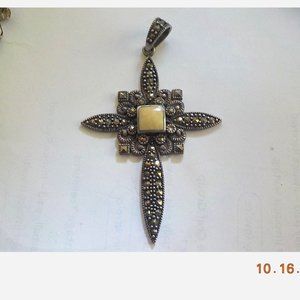 Vintage Sterling Silver Ornate Cross Marcasite Jasper Gorgeous 3 1/8" x 1 7/8"